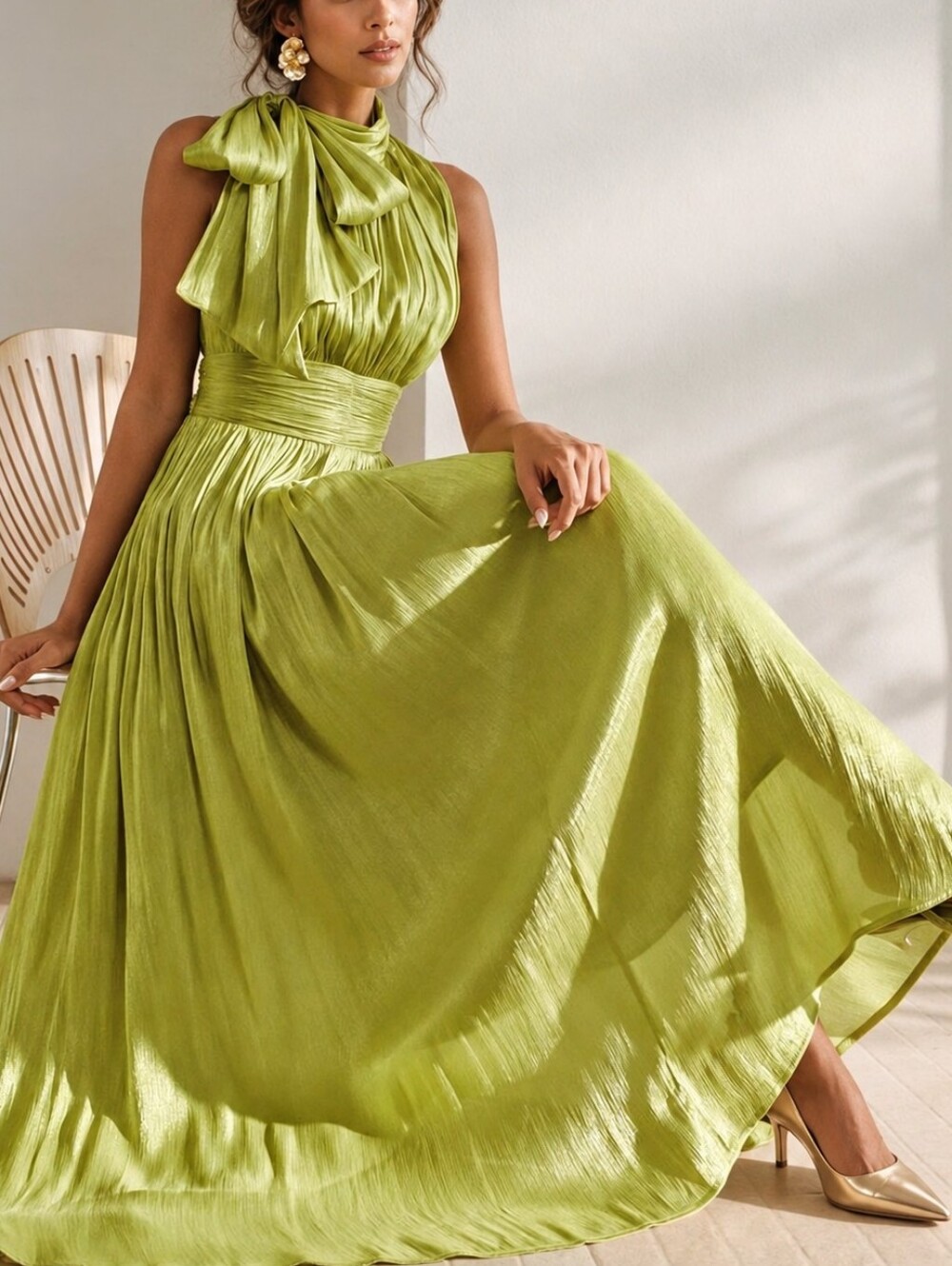 New Luxe Metallic Halter Maxi Dress Sleeveless Tie Bow Spring Green